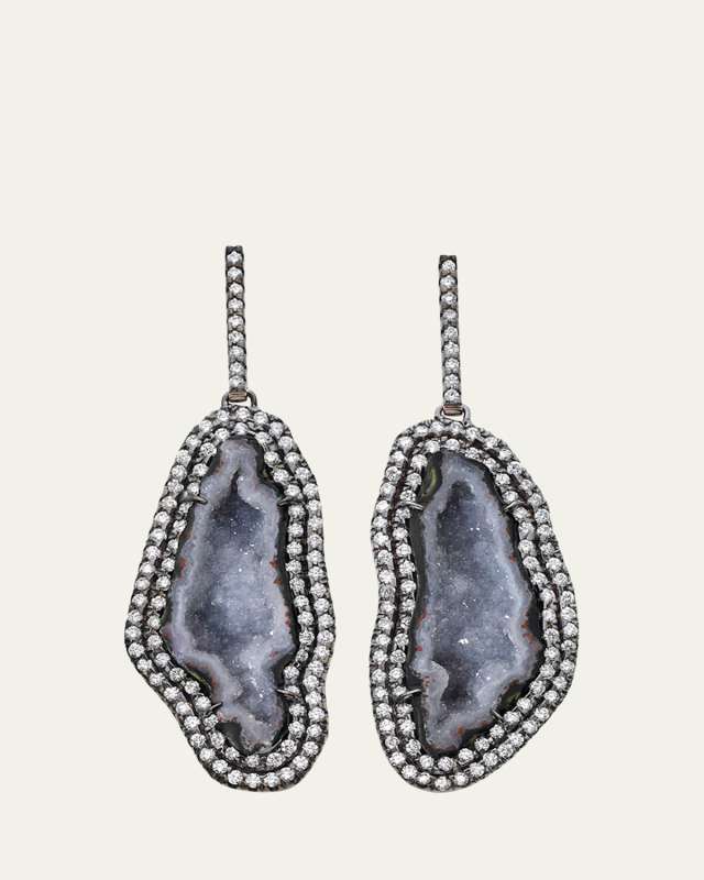18K Gold Blue Geode Drop Earrings with Diamonds and Black Rhodium